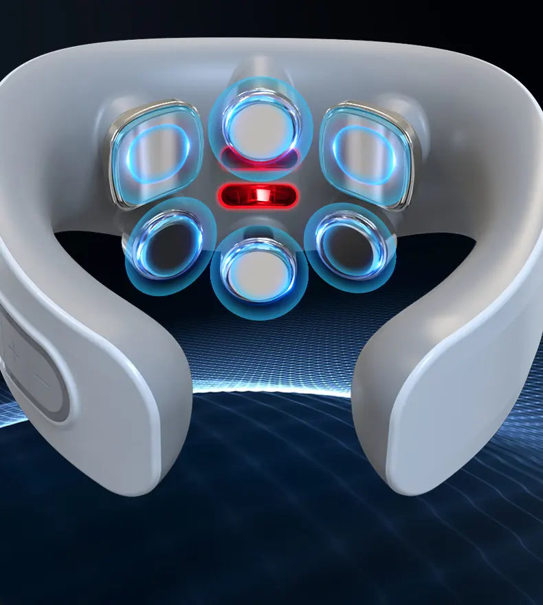 Frontansicht des NUQO 1628: sechs Massageköpfe mit blau visualisierter Vibration, rote LED in der Mitte