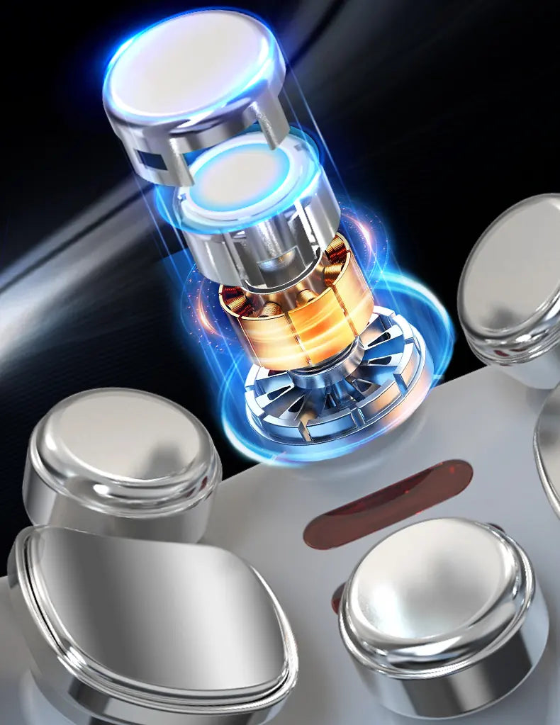 Explosionsdarstellung eines Massagekopfs: Edelstahlkappe, Vibrationsmotor und Impulsstufe